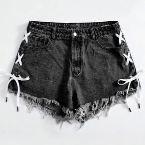 lace up grey jean shorts